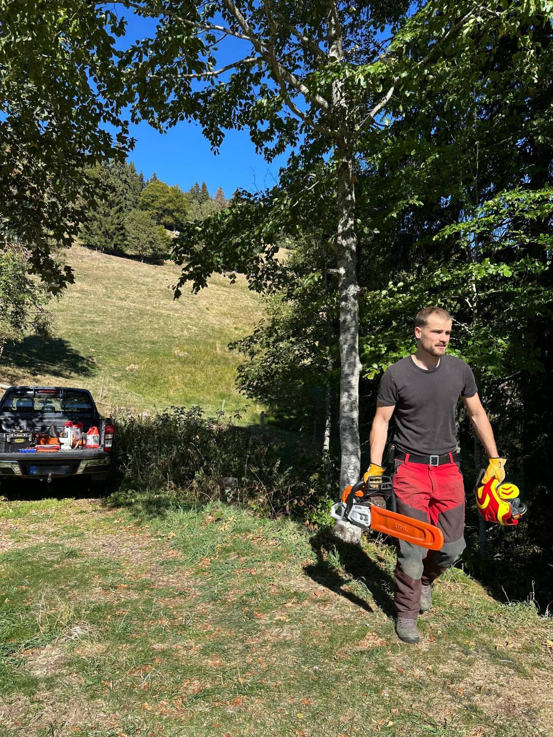 Teammitglied trägt Motorsäge und Schutzhelm zum Einsatzort am Waldrand